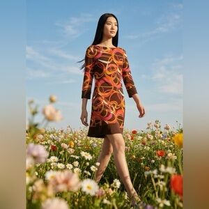 Velvet Torch Retro Ring-Print mídi Dress in Brown, Pink & Orange